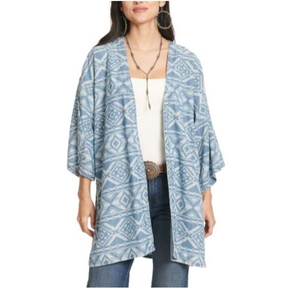 Wrangler Retro Women's Short Sleeve Aztec Print Denim Kimono Cardigan Blue - Picture 1 of 3